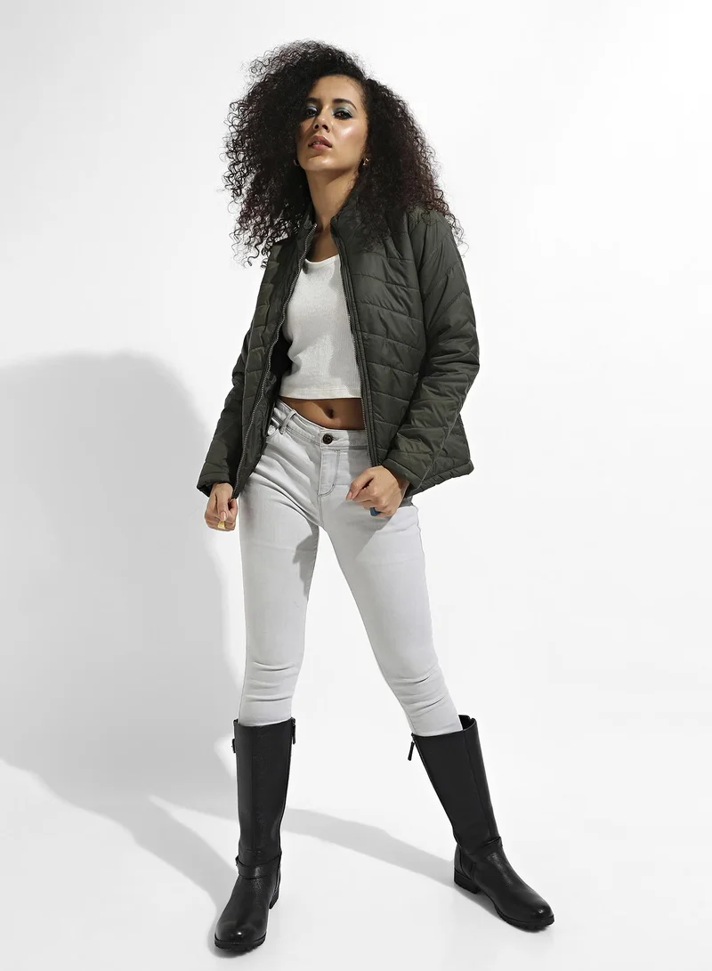 Campus Sutra Women's Olive Green Quilted Puffer Jacket With Zip Closure