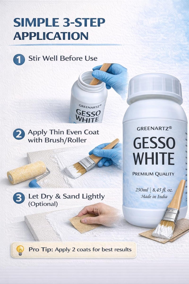 GREENARTZ® 500ml White Gesso for acrylic oil painting | Universal smooth Primer | Texture Medium for wood canvas clay (800g) - Image 4