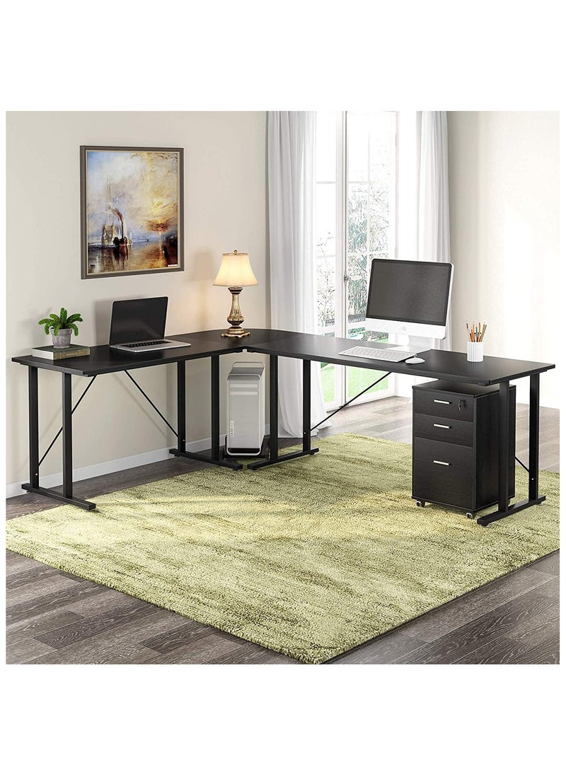 NOAEOU - 210 x 160 x 75 CM Office Computer Desk, Study Table, L Shaped Computer Desk, Large Desk with File Cabinet,  Table  for Home Office with Drawers, Black - Image 1