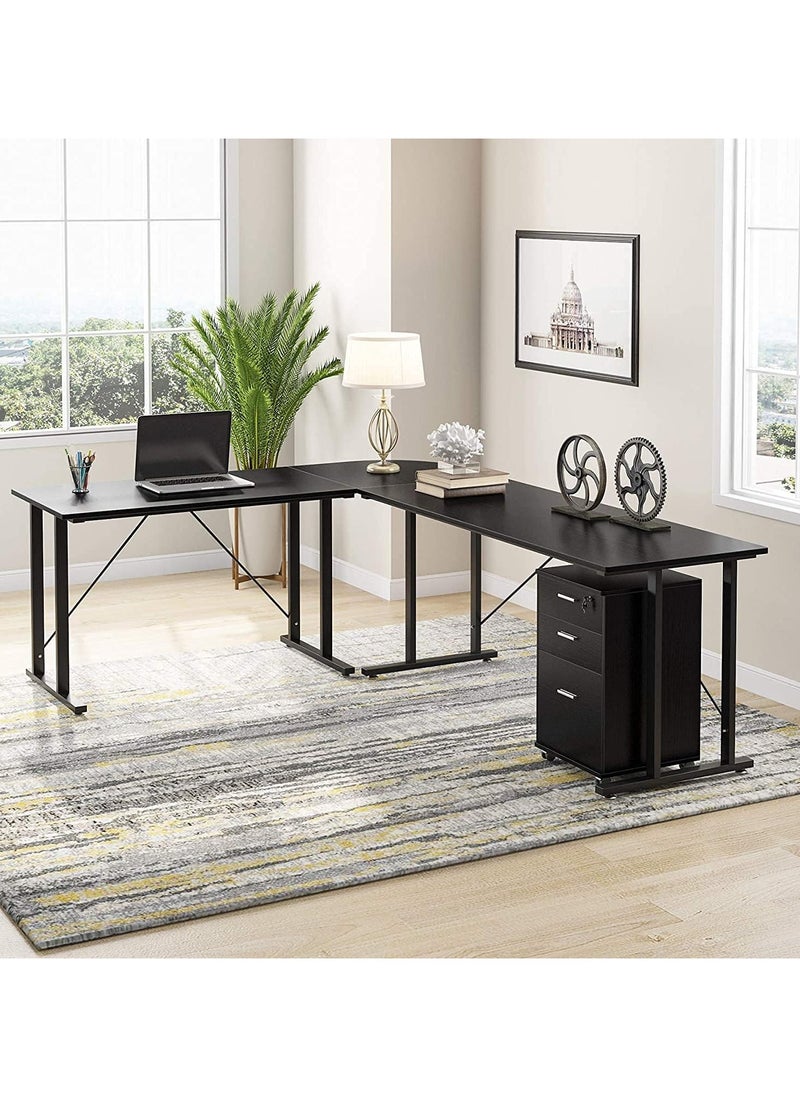 NOAEOU - 210 x 160 x 75 CM Office Computer Desk, Study Table, L Shaped Computer Desk, Large Desk with File Cabinet,  Table  for Home Office with Drawers, Black - Image 1