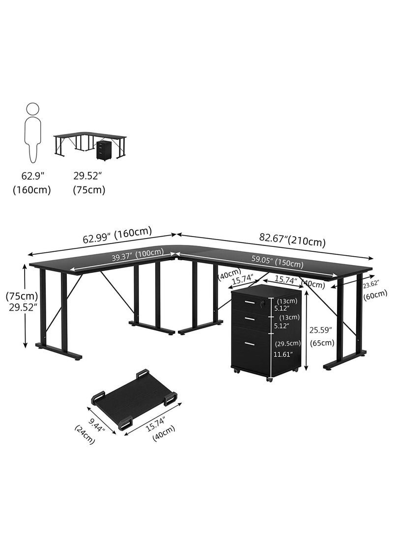 NOAEOU - 210 x 160 x 75 CM Office Computer Desk, Study Table, L Shaped Computer Desk, Large Desk with File Cabinet,  Table  for Home Office with Drawers, Black - Image 1