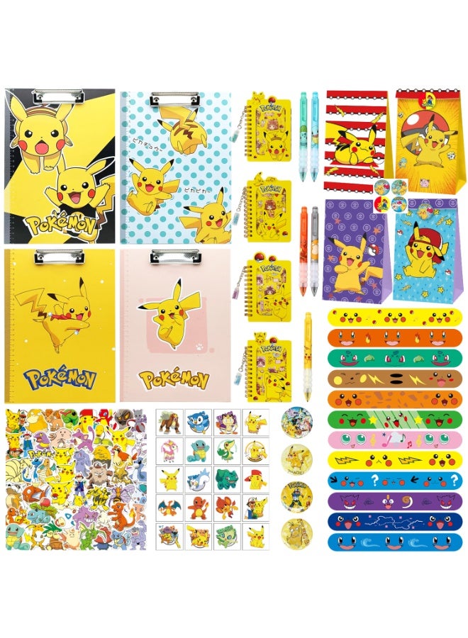 ILovhaprty Pikachu Stationery Party Favors Set, 107 Pcs Kids Goodie Bag Fillers with Clipboards Notebooks Slap Bracelets Gel Pens Stickers Badges & Tattoos, Pokemon Birthday Eid Back‑to‑School Gift for Boys Girls - Image 1