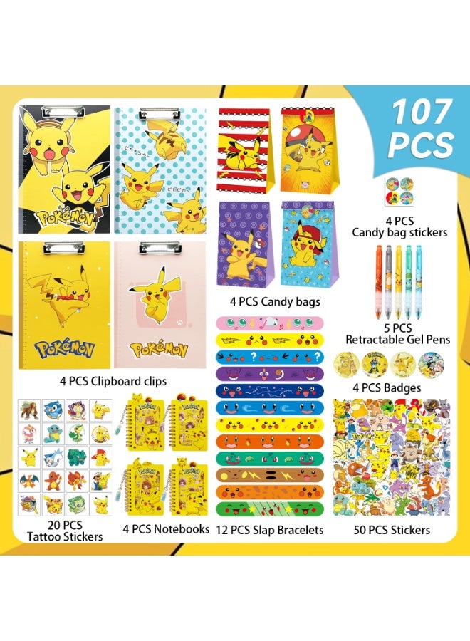 ILovhaprty Pikachu Stationery Party Favors Set, 107 Pcs Kids Goodie Bag Fillers with Clipboards Notebooks Slap Bracelets Gel Pens Stickers Badges & Tattoos, Pokemon Birthday Eid Back‑to‑School Gift for Boys Girls - Image 3