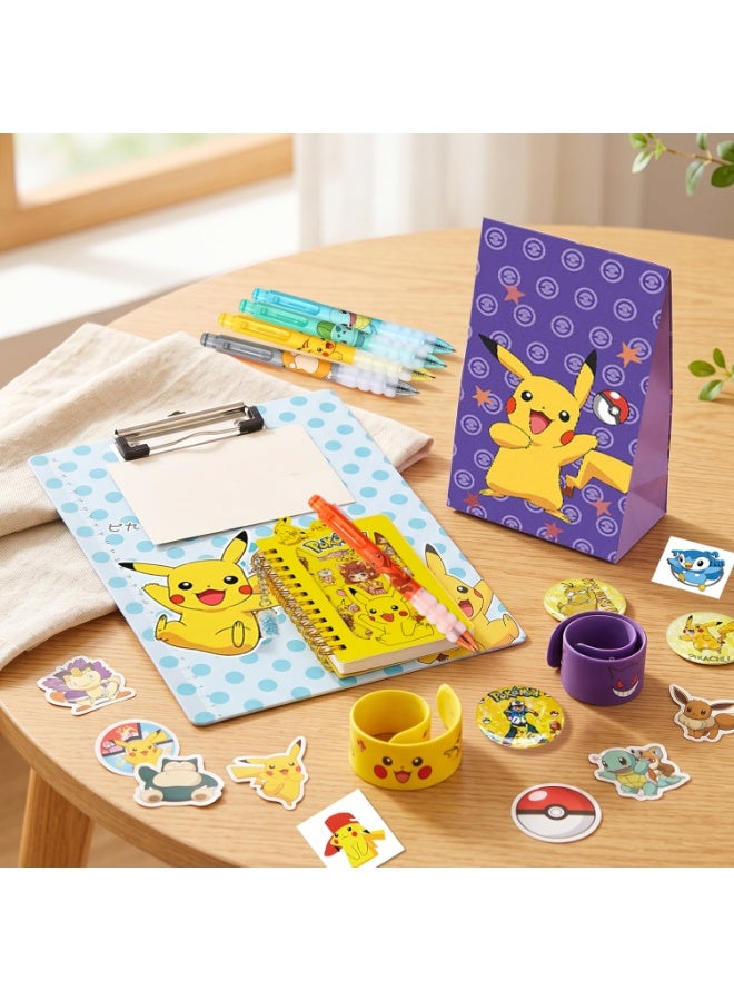 ILovhaprty Pikachu Stationery Party Favors Set, 107 Pcs Kids Goodie Bag Fillers with Clipboards Notebooks Slap Bracelets Gel Pens Stickers Badges & Tattoos, Pokemon Birthday Eid Back‑to‑School Gift for Boys Girls - Image 4