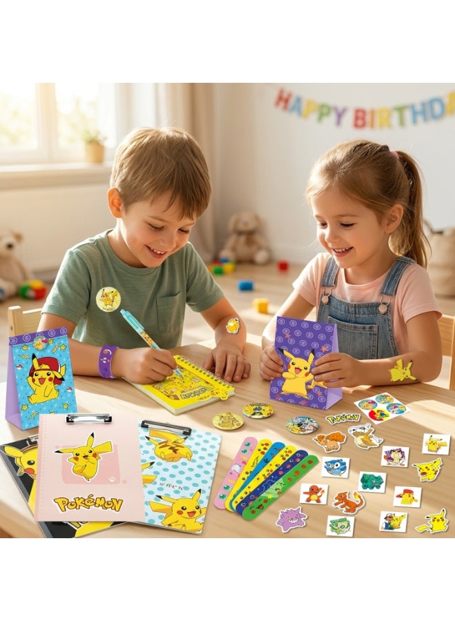 ILovhaprty Pikachu Stationery Party Favors Set, 107 Pcs Kids Goodie Bag Fillers with Clipboards Notebooks Slap Bracelets Gel Pens Stickers Badges & Tattoos, Pokemon Birthday Eid Back‑to‑School Gift for Boys Girls - Image 5