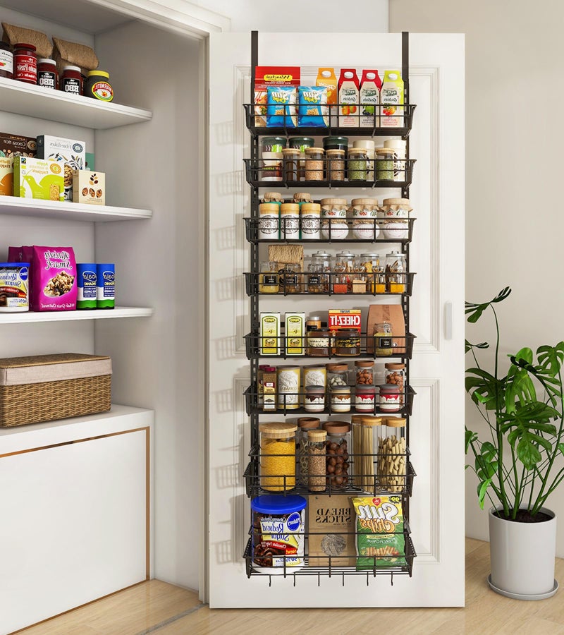 Mefirt Over The Door Pantry Organizer Wall Mount Spice Rack Pantry Hanging Storage and Organization 8 Adjustable Baskets HeavyDuty Metal for Home  Kitchen Back of Door Seasoning Rack  Black