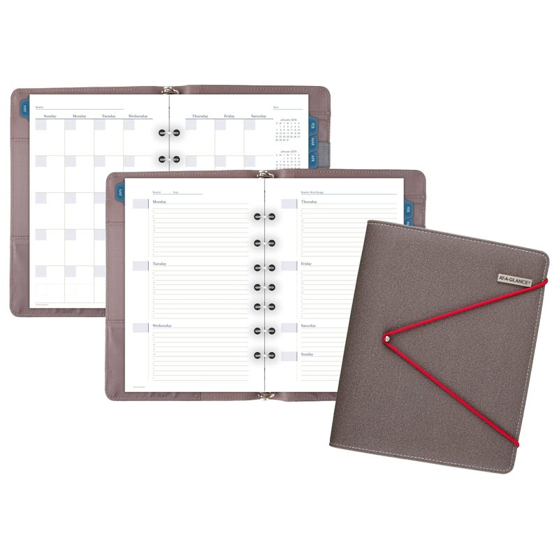 AT-A-GLANCE ATAGLANCE Faux Leather Undated Starter Set Tread Spine 7Ring 512 x 812 Desk Size Red Bungee Closure Fashion Gray DR110704013