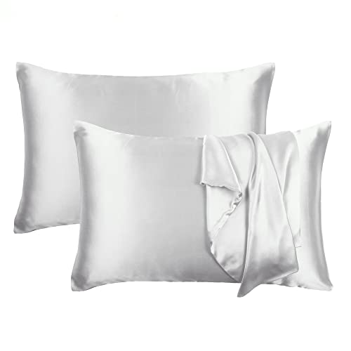 Riara Satin Silk Pillowcase Pillow Case Covers with Envelop Closure for Hair and Skin Home Bed Decor Set of 2 Pillowcase Free 3 Pc Scrunchie (Standard Size(20" 26"), Silver Gray) - Image 1