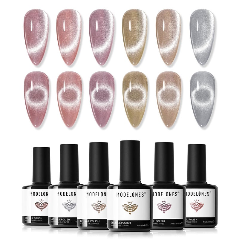 Modelones Cat Eye Gel Nail Polish Set, 6 Colors Nude Pink Silver 9D Glassy Cat Eye Glitter Gel Polish Semi-transparent Neutral Brown Nail Polish Soapnails with Magnet Soak Off Led Nail Art DIY Gift - Image 1