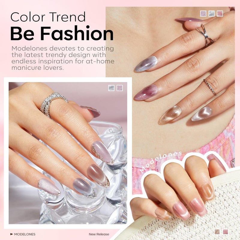 Modelones Cat Eye Gel Nail Polish Set, 6 Colors Nude Pink Silver 9D Glassy Cat Eye Glitter Gel Polish Semi-transparent Neutral Brown Nail Polish Soapnails with Magnet Soak Off Led Nail Art DIY Gift - Image 4