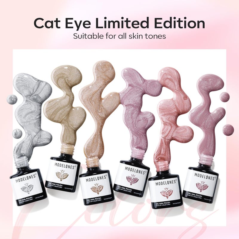 Modelones Cat Eye Gel Nail Polish Set, 6 Colors Nude Pink Silver 9D Glassy Cat Eye Glitter Gel Polish Semi-transparent Neutral Brown Nail Polish Soapnails with Magnet Soak Off Led Nail Art DIY Gift - Image 5