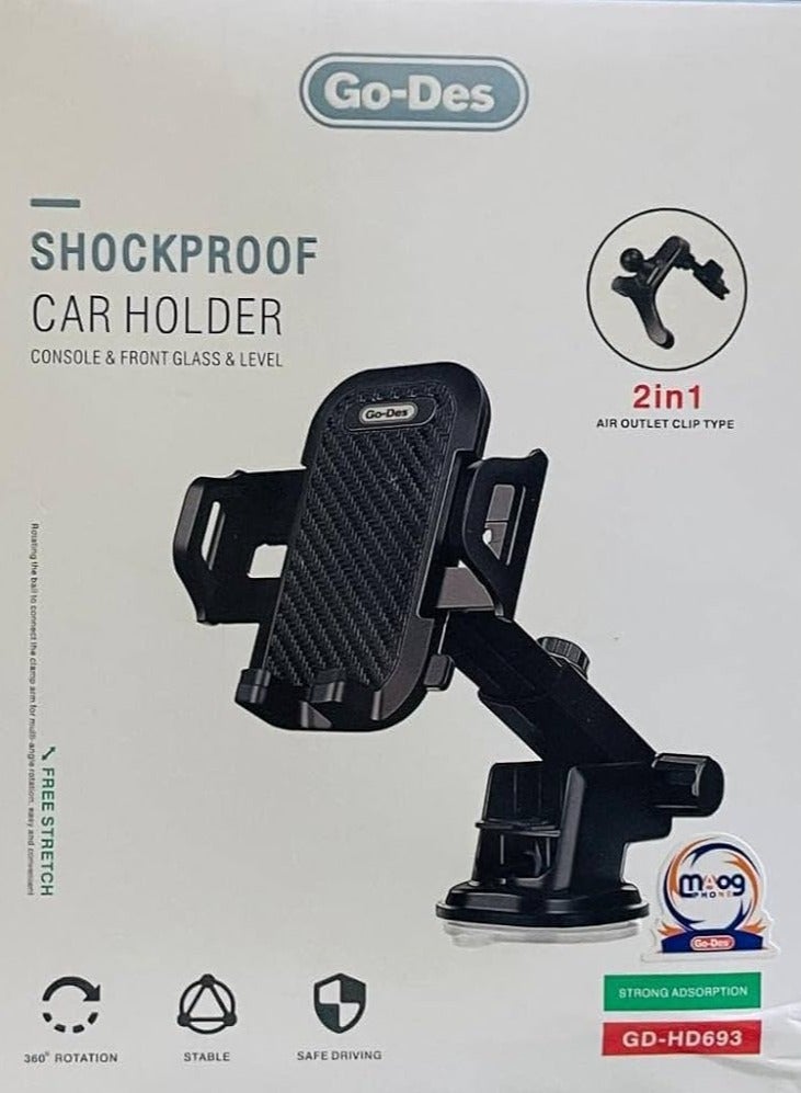 Go-Des Car Mobile Holder, 360 Degree Rotation & Adjustable Mobile Stand for Car Dashboard Windshield and Air Vent Black (GD-HD893-Type D) - Image 1
