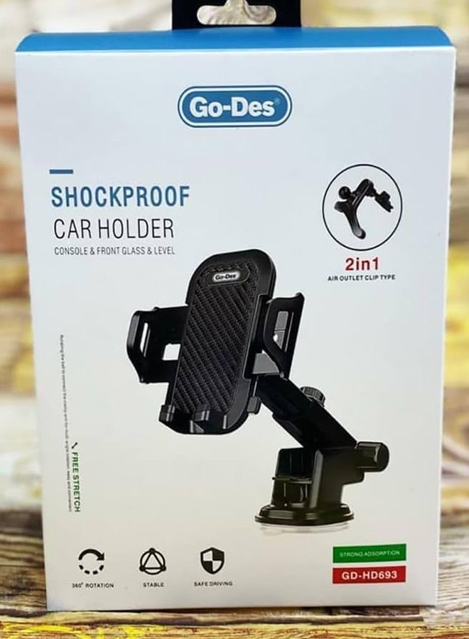Go-Des Car Mobile Holder, 360 Degree Rotation & Adjustable Mobile Stand for Car Dashboard Windshield and Air Vent Black (GD-HD893-Type D) - Image 2