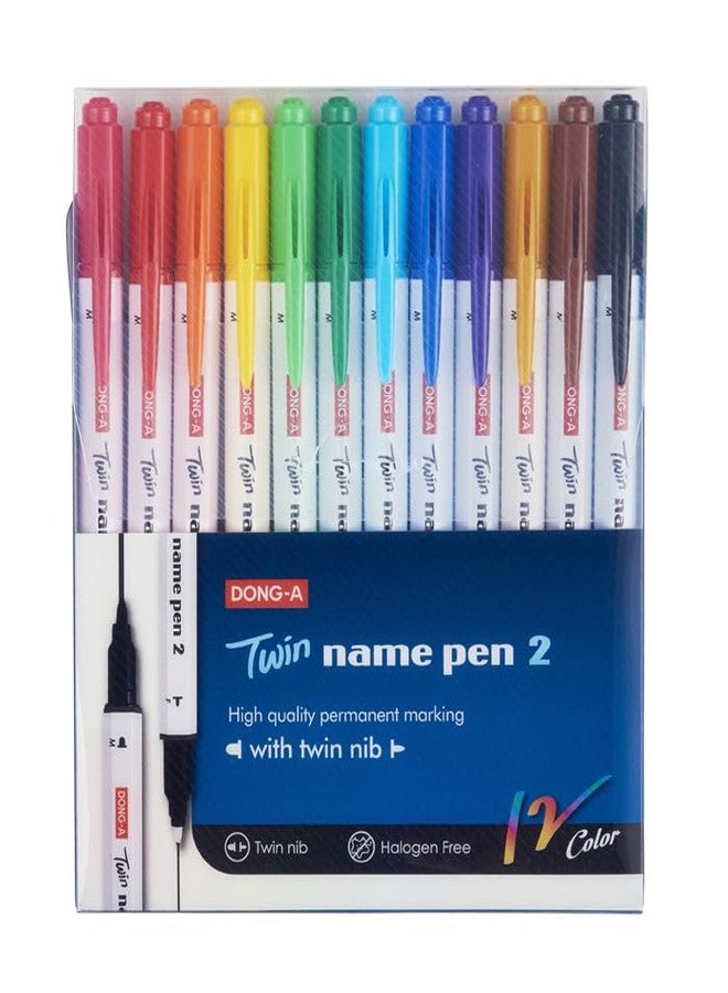 Dong-A Permanent Marker Dual Tip 1Mm & 0.4Mm 12 Marker Set, Multicolor - Image 1
