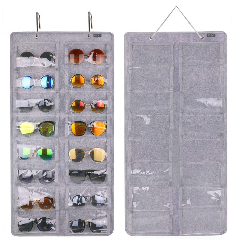 AROUY Sunglasses Organizer Storage Hanging Dust Proof Wall Pocket Glasses Organizer  16 Felt Slots Sunglass Organizer Holder with Metal Hook and Sturdy Rope Gray Dust Proof