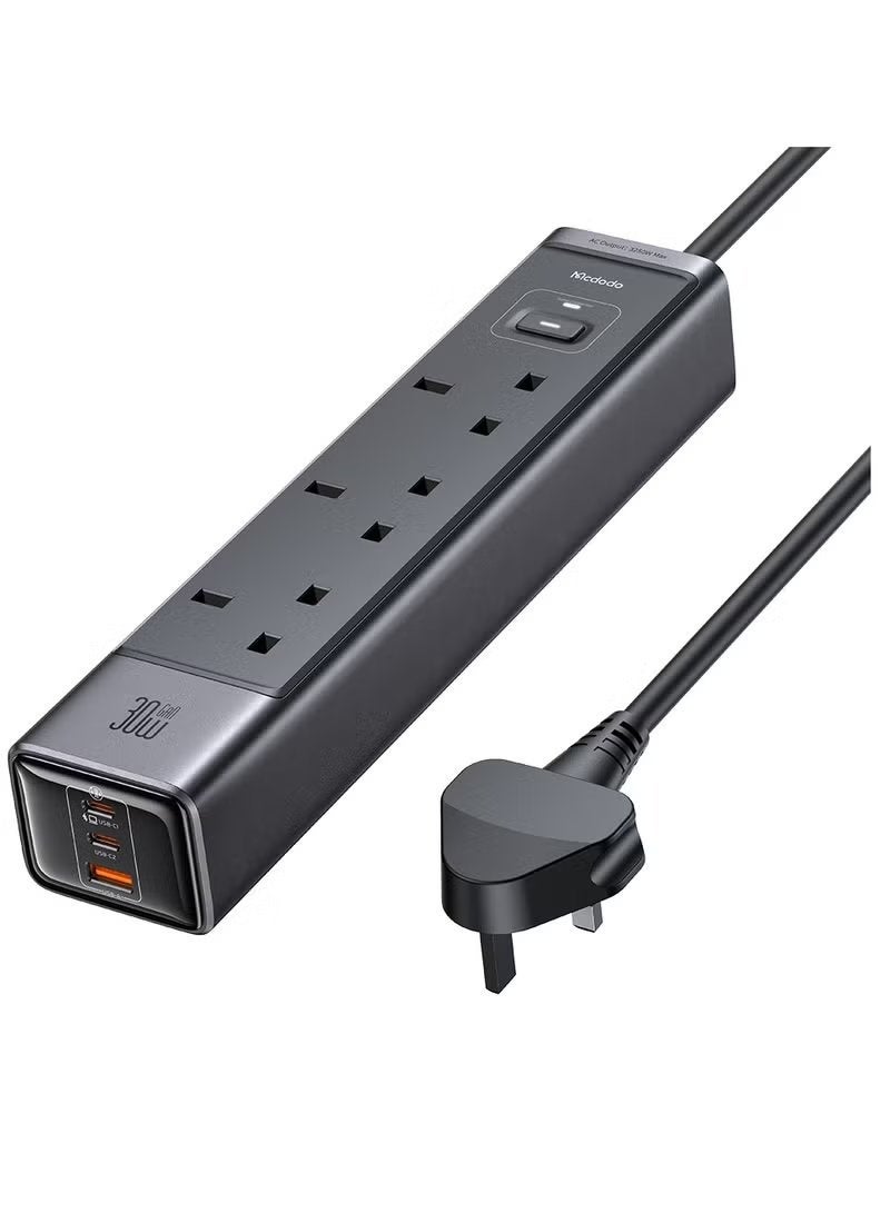 Mcdodo محطة شحن سريعة 6 في 1 بقوة 30 واط مع شريط طاقة GaN و 2 منفذ USB-C و 1 منفذ USB-A و 3 مآخذ AC مع حماية من الزيادة وارتفاع الحرارة وكابل تمديد 2 متر للاستخدام المنزلي والمكتبي - Image 1