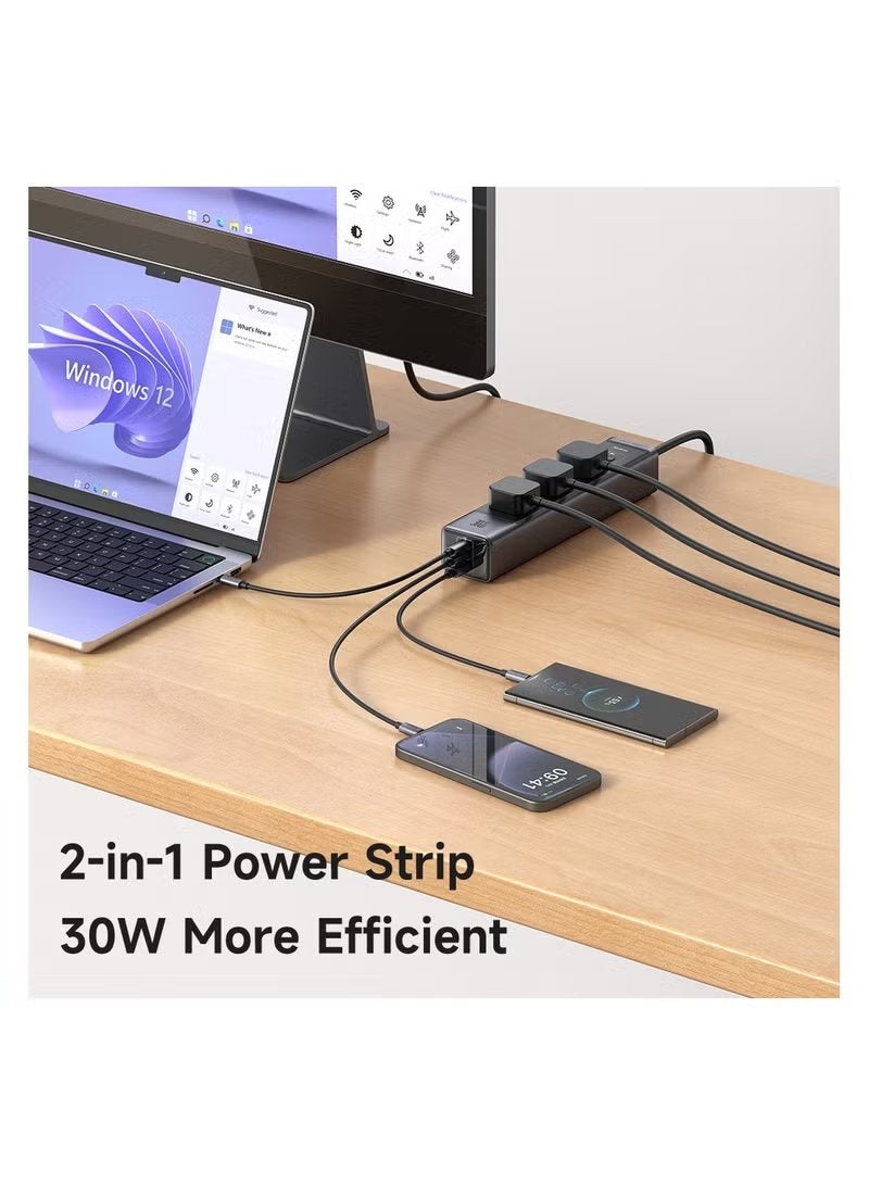 Mcdodo محطة شحن سريعة 6 في 1 بقوة 30 واط مع شريط طاقة GaN و 2 منفذ USB-C و 1 منفذ USB-A و 3 مآخذ AC مع حماية من الزيادة وارتفاع الحرارة وكابل تمديد 2 متر للاستخدام المنزلي والمكتبي - Image 4