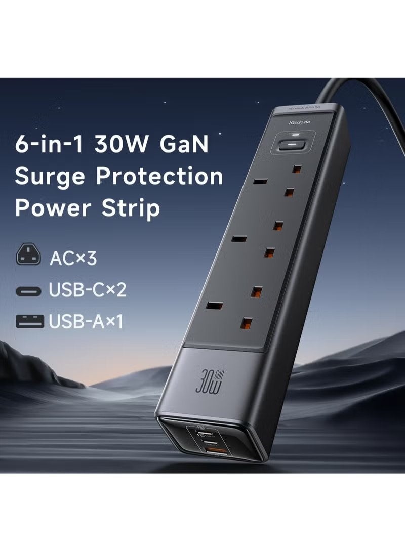 Mcdodo محطة شحن سريعة 6 في 1 بقوة 30 واط مع شريط طاقة GaN و 2 منفذ USB-C و 1 منفذ USB-A و 3 مآخذ AC مع حماية من الزيادة وارتفاع الحرارة وكابل تمديد 2 متر للاستخدام المنزلي والمكتبي - Image 2