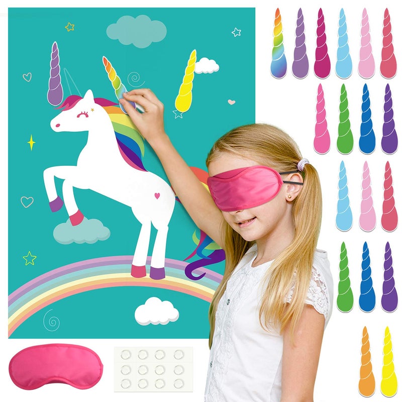 FEPITO Pin The Horn on Unicorn-game for Kids Birthday Party Game with 24 Horn Stickers Birthday Poster for Kids Unicorn-Birthday Girls Rainbow Party Favors Supplies Decoration Home Wall Decor Backdrop - Image 1