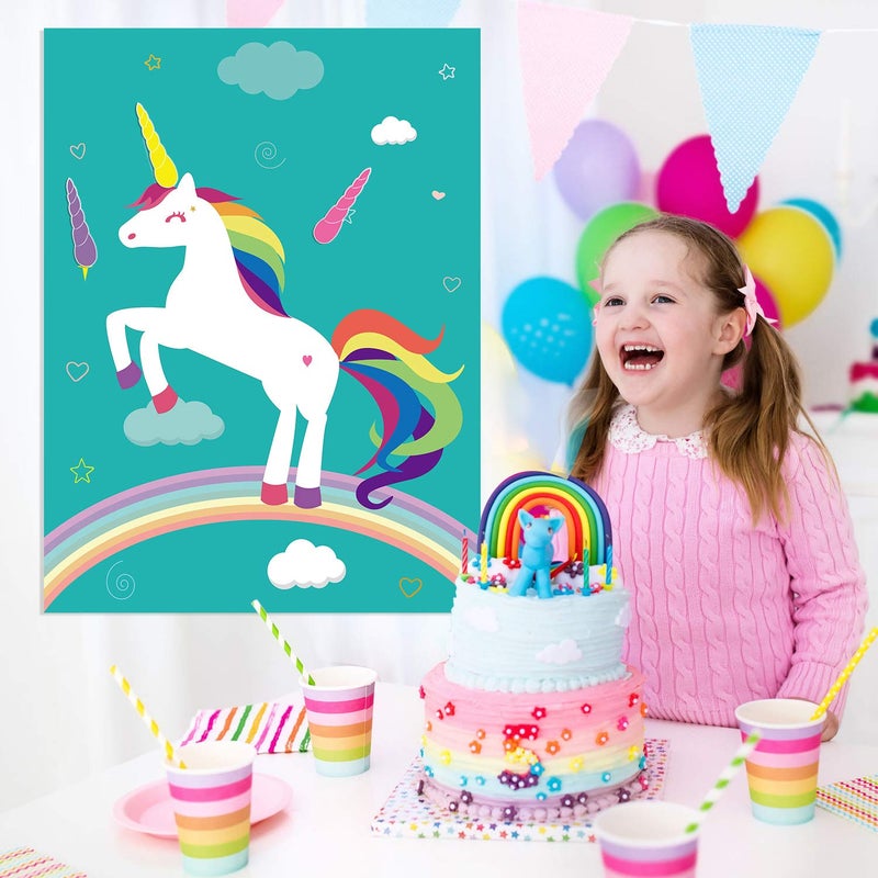 FEPITO Pin The Horn on Unicorn-game for Kids Birthday Party Game with 24 Horn Stickers Birthday Poster for Kids Unicorn-Birthday Girls Rainbow Party Favors Supplies Decoration Home Wall Decor Backdrop - Image 4