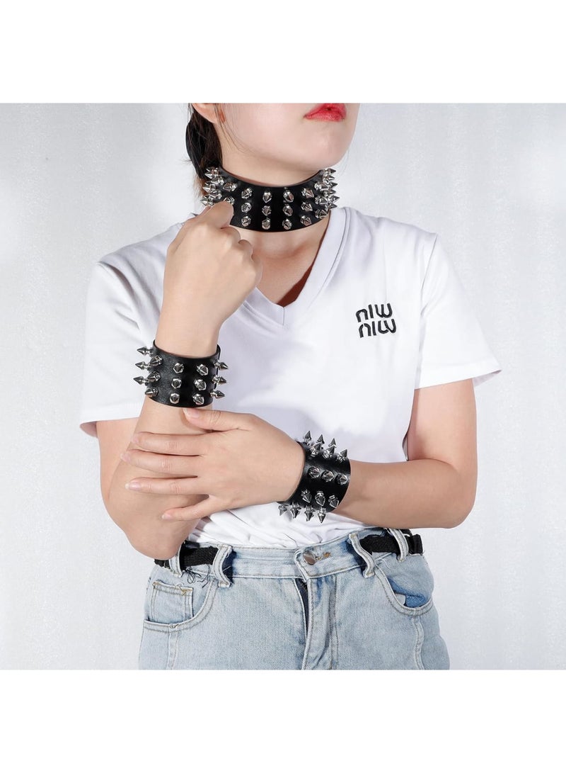 Excefore 3 Pcs Punk Studded Bracelet Rivets Bracelet, Pirate Rock Punk Biker Wide Strap Leather Bracelet, Metal Spike Studded Rivets Bracelet Cuff for Mens Womens Rock Vintage   Style Adult - Image 4