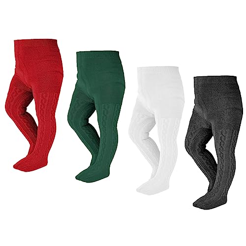 EPEIUS Baby Tights Thick Seamless Cable Knit Leggings for Infant Girl Solid Cotton Stockings Footed Pants Pantyhose Dress Tights Clothes for 3-6 Months 4 Pair Pack,Ivory/Charcoal/Green/Burgundy - Image 1