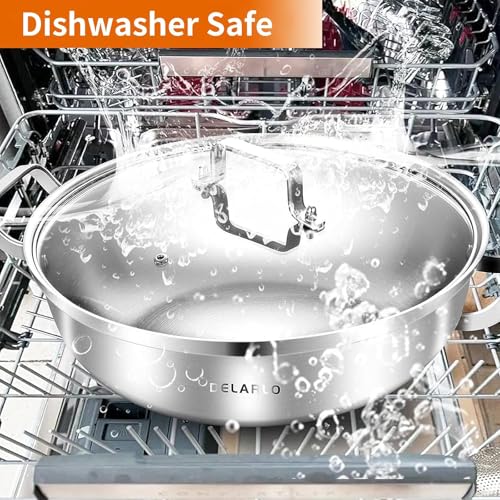 DELARLO Tri-Ply Stainless Steel 14 inch Everyday pan With lid, Everything Pan, Durable Deep Saute Pan, 7QT Induction Cooking Pot,Woks & Stir-Fry Pans Oven Safe Stock Pot - Image 5