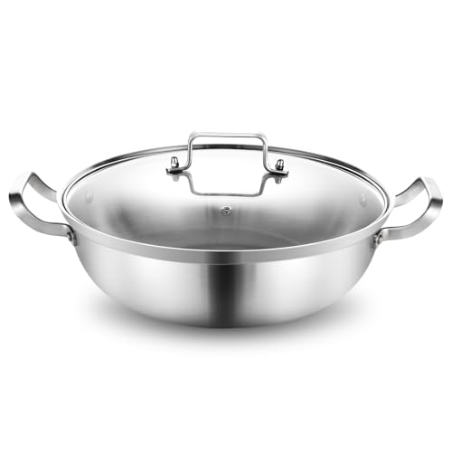 DELARLO Tri-Ply Stainless Steel 14 inch Everyday pan With lid, Everything Pan, Durable Deep Saute Pan, 7QT Induction Cooking Pot,Woks & Stir-Fry Pans Oven Safe Stock Pot - Image 1