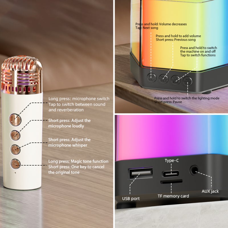 آلة الكاراوكي المصغرة: نظام ميكروفون لاسلكي مزدوج أبيض - صندوق ضوء جو RGB بصوتستريو مستوى السينما للغناء الجمعي والمنفرد في المنزل أو الهواء الطلق - Image 3