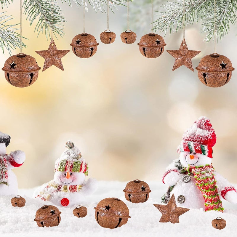 Dilunave 140 Pieces Rustic Christmas Bell Set, Includes 100 Small Rustic Jingle 20 Star Cutout Bells 20 Metal Star Hanging Ornament for Christmas Tree Home Decor DIY Craft(Rusty) - Image 5