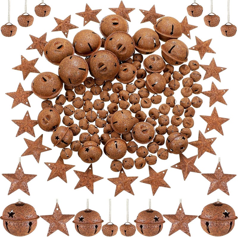 Dilunave 140 Pieces Rustic Christmas Bell Set, Includes 100 Small Rustic Jingle 20 Star Cutout Bells 20 Metal Star Hanging Ornament for Christmas Tree Home Decor DIY Craft(Rusty) - Image 1