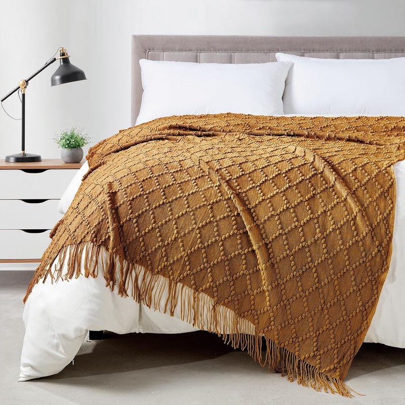 BOURINA Throw Blanket Textured Solid Soft Throws and Blankets for Sofa or Bed Knitted Decorative Blanket 50 x70 Inches Jacquard Rhombu Almond - Image 1
