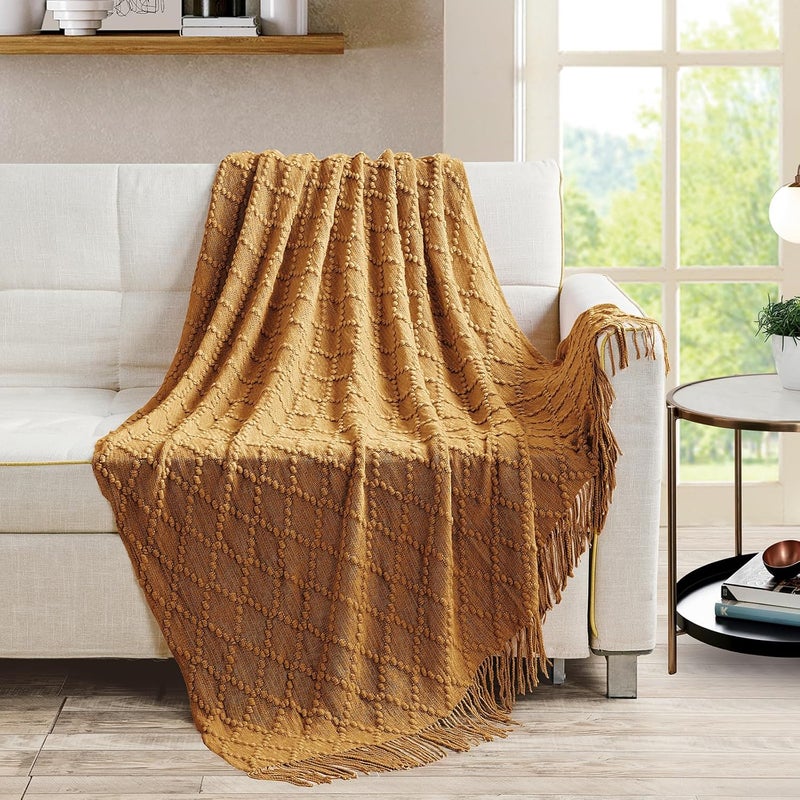 BOURINA Throw Blanket Textured Solid Soft Throws and Blankets for Sofa or Bed Knitted Decorative Blanket 50 x70 Inches Jacquard Rhombu Almond - Image 2