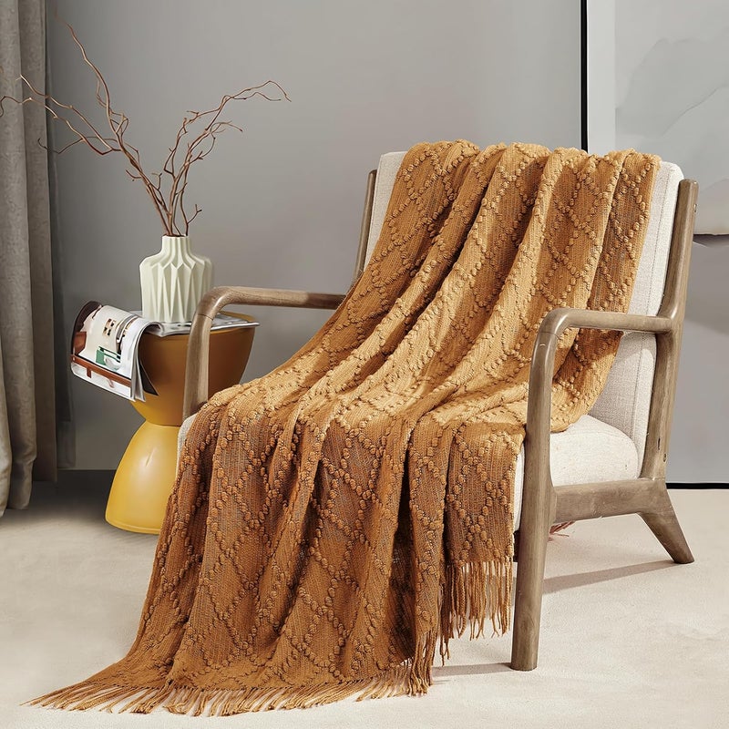 BOURINA Throw Blanket Textured Solid Soft Throws and Blankets for Sofa or Bed Knitted Decorative Blanket 50 x70 Inches Jacquard Rhombu Almond - Image 3