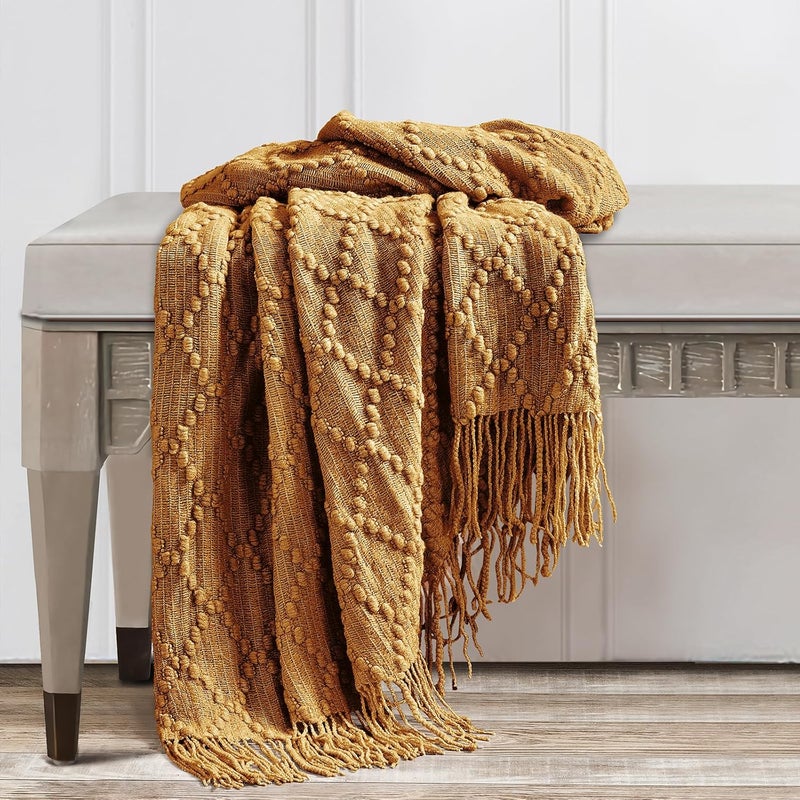 BOURINA Throw Blanket Textured Solid Soft Throws and Blankets for Sofa or Bed Knitted Decorative Blanket 50 x70 Inches Jacquard Rhombu Almond - Image 4