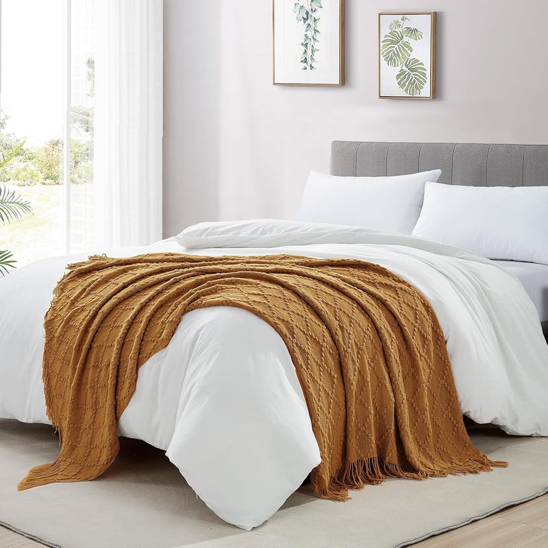 BOURINA Throw Blanket Textured Solid Soft Throws and Blankets for Sofa or Bed Knitted Decorative Blanket 50 x70 Inches Jacquard Rhombu Almond - Image 5