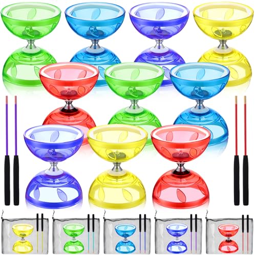 Hungdao 5 Set Chinese Diabolo Set Triple Bearing Chinese Yoyo 5 Multi Colors Diabolo Big Yoyo with Fiberglass Sticks Mesh Drawstring Bags and Strings Transparent - Image 1