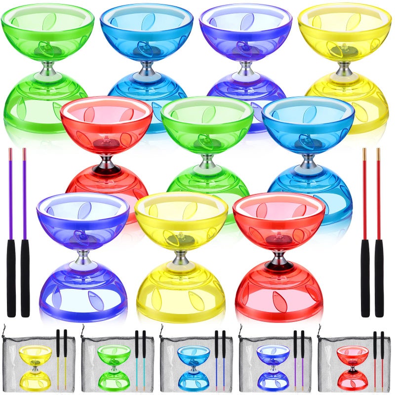 Hungdao 5 Set Chinese Diabolo Set Triple Bearing Chinese Yoyo 5 Multi Colors Diabolo Big Yoyo with Fiberglass Sticks Mesh Drawstring Bags and Strings Transparent - Image 3