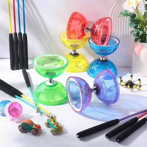 Hungdao 5 Set Chinese Diabolo Set Triple Bearing Chinese Yoyo 5 Multi Colors Diabolo Big Yoyo with Fiberglass Sticks Mesh Drawstring Bags and Strings Transparent - Image 5
