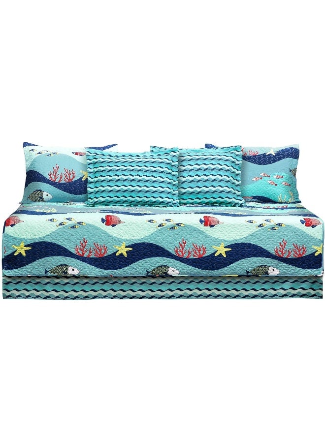 Lush Decor Sea Life Stripe 6 Piece Daybed Cover | Ocean Beach Fish Bedding Set Includes Bed Skirt, Pillow Shams and Cases 75" X 39", Blue - Image 5