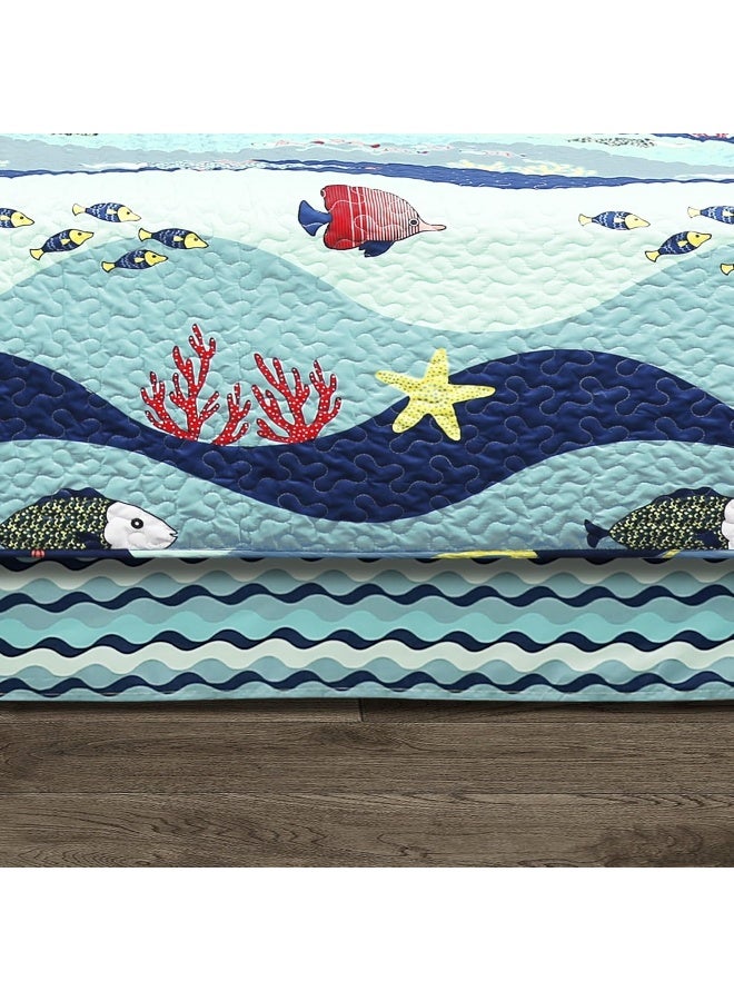 Lush Decor Sea Life Stripe 6 Piece Daybed Cover | Ocean Beach Fish Bedding Set Includes Bed Skirt, Pillow Shams and Cases 75" X 39", Blue - Image 3