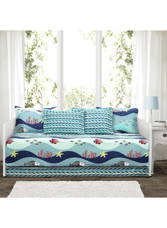 Lush Decor Sea Life Stripe 6 Piece Daybed Cover | Ocean Beach Fish Bedding Set Includes Bed Skirt, Pillow Shams and Cases 75" X 39", Blue - Image 1
