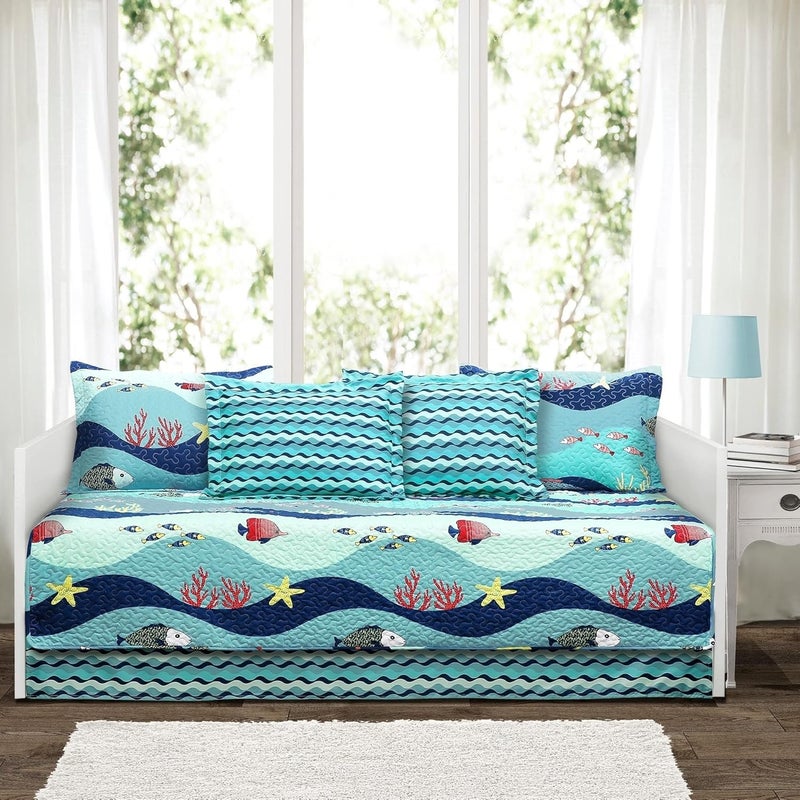 Lush Decor Sea Life Stripe 6 Piece Daybed Cover | Ocean Beach Fish Bedding Set Includes Bed Skirt, Pillow Shams and Cases 75" X 39", Blue - Image 2