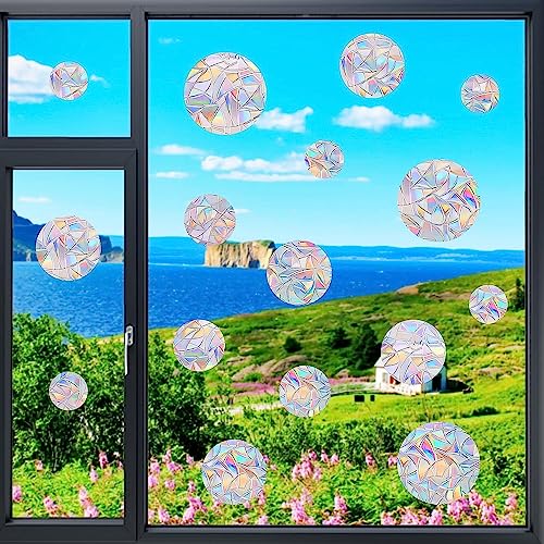 Shawula 36PCS Circle Window Clings - Anti-Collision Window Decals to Save Birds from Window Collisions,Non Adhesive Prismatic Vinyl Window Clings, Rainbow Stickers - Image 2