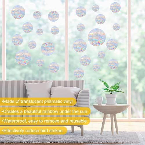 Shawula 36PCS Circle Window Clings - Anti-Collision Window Decals to Save Birds from Window Collisions,Non Adhesive Prismatic Vinyl Window Clings, Rainbow Stickers - Image 4