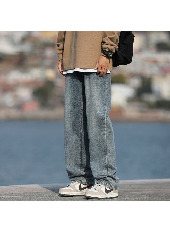 Homlean American-style Washed Denim Jeans Men's Spring And Summer High Street Handsome Loose Straight Wide-leg Trousers Hs05 Retro Blue 2XL - Image 5