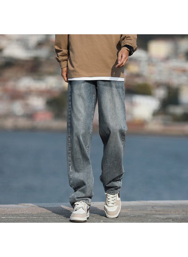 Homlean American-style Washed Denim Jeans Men's Spring And Summer High Street Handsome Loose Straight Wide-leg Trousers Hs05 Retro Blue 2XL - Image 2