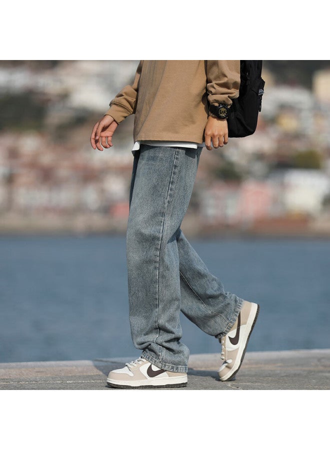 Homlean American-style Washed Denim Jeans Men's Spring And Summer High Street Handsome Loose Straight Wide-leg Trousers Hs05 Retro Blue 2XL - Image 4