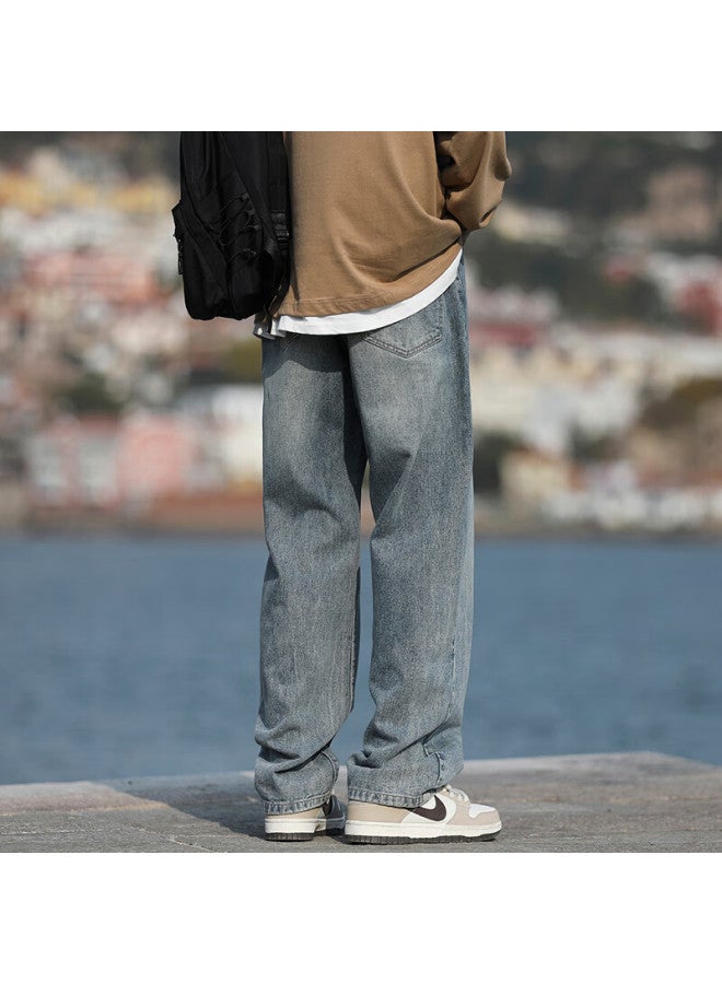 Homlean American-style Washed Denim Jeans Men's Spring And Summer High Street Handsome Loose Straight Wide-leg Trousers Hs05 Retro Blue 2XL - Image 3