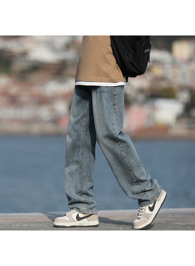 Homlean American-style Washed Denim Jeans Men's Spring And Summer High Street Handsome Loose Straight Wide-leg Trousers Hs05 Retro Blue 2XL - Image 1